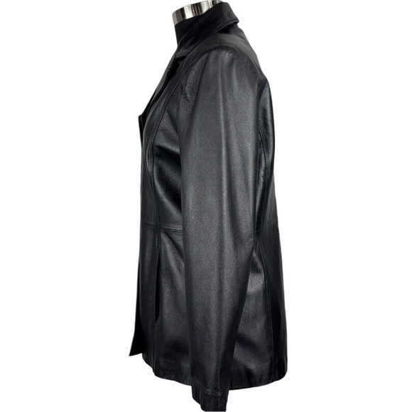 VINTAGE 90S NEW YORK & CO BLACK LEATHER NOTCHED COLLAR BUTTON DOWN BLAZER JACKET - Picture 7 of 13